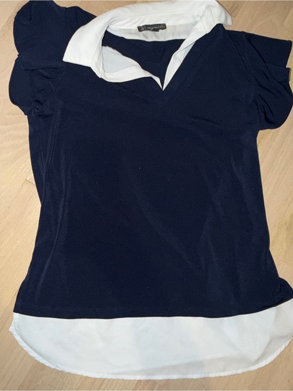 Adrianna Papell Navy Polo Blouse with White Collar & Hem